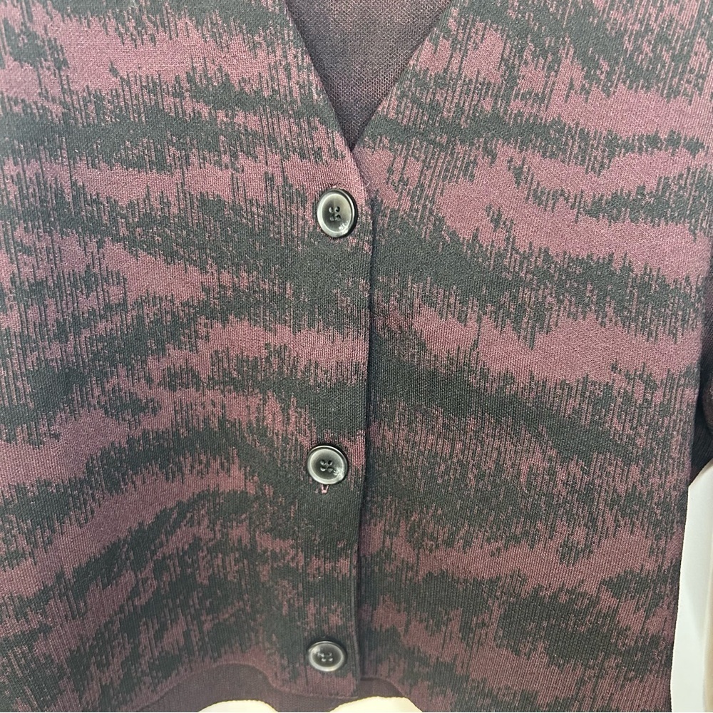 Express Purple and Black Print V Neck Cardigan Sweater, Size Medium - Picture 3 of 8